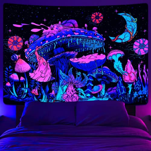 Yrendenge Schwarzlicht Pilz Wandteppich UV Mond Pilze Wandtuch, Fluoreszierend Pflanzen Sternenhimmel Wandteppich Aesthetic Wandbehang für Schlafzimmer Schlafsaal 83 * 59 Inch (210 * 150cm)