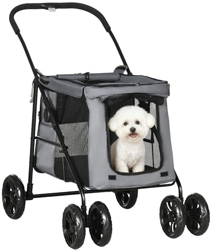 PawHut Dog Pram Dog Stroller 4 Wheels Pet Pushchair with Rolling Door, Cushion, Safety Leashes, for Small and Medium Breeds, Grey