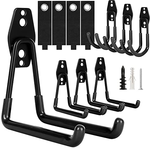AojSup 10 Stück Wandhaken Garage & Schlauchaufbewahrungsgurt, Schwerlast Garage Haken, Doppelhaken Garage, Gerätehaken, Garagenhaken für Elektrowerkzeugen, Werkzeuge,Leitern, Schlauch(Schwarz)