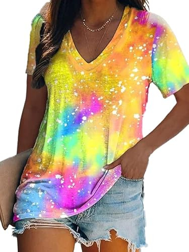 Women Tie Dye V-Neck Shirts Summer Vintage Tunic Tops Fashion Casual Swing Short Sleeve Shirts Blouse Soft Tee Yellow
