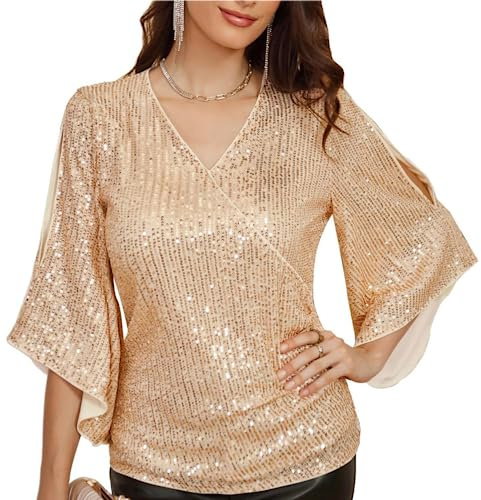 GRACE KARIN Damen Pailletten Bluse Festliche 3/4 Ärmel Elegante Oberteil | 3/4-lange Schlitzärmel im Cape-Stil, Überkreuzter V-Ausschnitt, Pailletten besetzt, Cocktail- und partytauglich