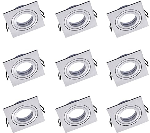 Oktaplex 9er Set Lyon Einbauspot schwenkbar 30° 90x90mm sehr flach | Spots silber eckig GU10 kompatibel 80mm Einbaumaße, Alu gebürstet, Deckenspots-Rahmen