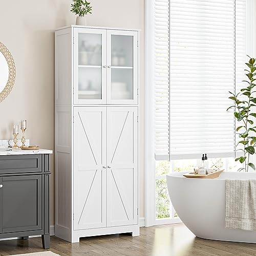 HOCSOK Mueble Columna de Baño, Mueble Auxiliar de Almacenaje con 4 Puertas y Compartimentos de Almacenamiento, Armario de Madera de Suelo, Moderno, Blanco, 60x30x170cm