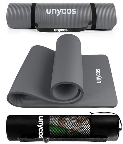 unycos - Gymnastikmatte - Yogamatte Rutschfest【183x60 cm】NBR 15 mm Dicke | Inkl. Tragegurt und E-Book mit Übunge, Sportmatte Ungiftig für Fitness, Pilates & Gym, Home Sport (Grau)