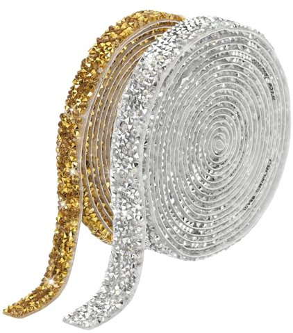 QUARKZMAN 1 Set Cinta de Diamantes Adhesiva de Resina con Estrás de 6 Yardas x 10 15mm para Ropa en Blanco y Dorado