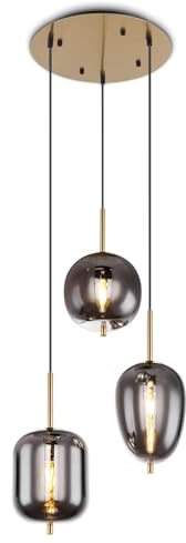 bmf-versand® Rauchglas Hängelampe Esstisch 3-Flammig aus Glas - Moderne Pendelleuchte messingfarben als Wohnzimmerlampe Schlafzimmerlampe hängend - Hängeleuchte Deckenleuchte Flur Esszimmerlampe