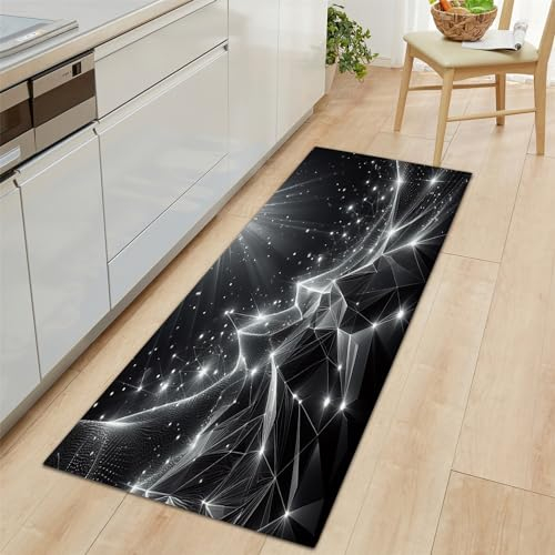 Küchenläufer Sterne Galaxien Unregelmäßige Formen Motiv Teppich Läufer 50x140cm, rutschfest Pflegeleicht Schwarz Teppich Läufer für Küche, Flur, Eingangsbereich, Esszimmer