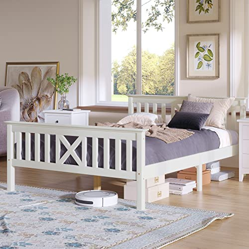 KUAKE Doppelbett Massivholz 140 x 200 cm, Holzbett mit Kopfteil und Lattenrost, Landhausstil Bettgestell, Kinderbett Jugendbett, Kiefer Massiv, Nur Bettgestel, Weiß-Keine Schubladen