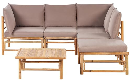 Modulär Hörnsoffgrupp i 6 delar Trädgård 5-sits med Soffbord Bambu Naturliga Kuddar Taupe Cerreto