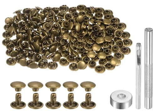 QUARKZMAN 200 Juegos Remaches de Cuero 8mm x 6mm Remaches de Metal Bronce | de Doble Tapa Sujetadores, Con 3 Instalación Herramientas, para Cuero Manualidades Reparación Decoración