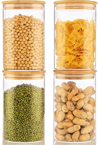 32oz - 4 Pack Glass Jars with Bamboo Lids, Glass Pantry Storage Containers with Airtight Lids, Round Air Tigh Food Storage Canisters for Cereal, Pasta, Flour, Sugar, Rice, Best for Kitchen Organizer