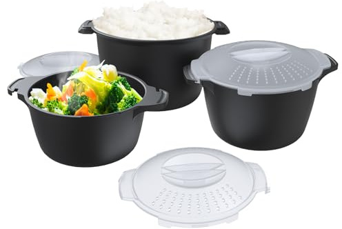 Professional 3 Piece Set Micro Cookware, Microwave Veggie Steamer, Microwave Rice Cooker as Steamer, Mix, Server and Storage Food Bowl BPA Free, Dishwasher Safe, Nestable Storage, Size-1QT, 2QT, 3QT