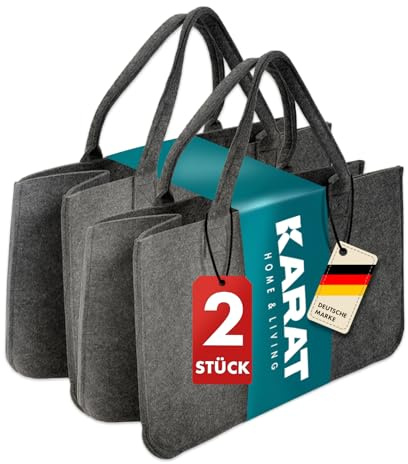 KARAT Felt Bag Shopper Wood Basket for Firewood, Robust Shopping Bag Made of Felt Universal Use Felt Basket with Handles 50 x 25 x 25 cm, Grey 30 L Vol. (Conny) (Pack of 2)