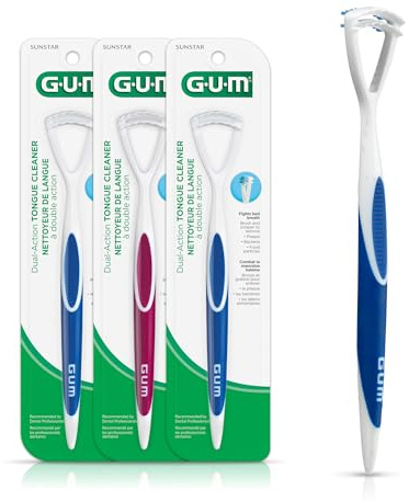 GUM Tongue Cleaner - Dual Action Soft Bristled Tongue Brush with Tongue Scraper for Better Oral Hygiene - Bad Breath Treatment (Pack of 3)