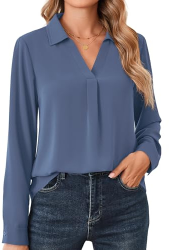 Beluring Langarmshirt Damen Elegant V-Ausschnitt Hemdbluse Langarm Bluse Einfarbig Arbeit Shirt