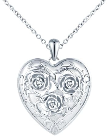 MICSAVI Collana Rose Foto Personalizzata Medaglione Cuore in Argento 925 per Donna Ragazza, Ciondolo Cuore con Tre Rose, Regalo Gioiello Portafoto per Fidanzata Madre Figlia