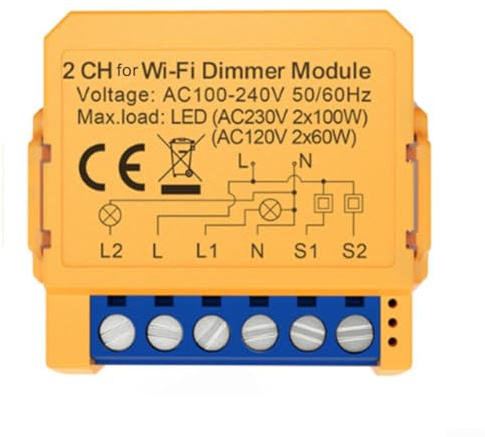 Zilimontt Dimmschalter, WiFi-Smart-Licht, LED-Dimmer-Modul, 1/2-Wege-WLAN-Smart-Dimmer-Lichtschalter, kabelloser Schalter, Relaismodul, kompatibel mit Tuya (2-Gang)
