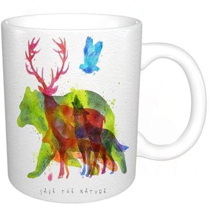 YFHJV Mug porcelaine fine Mug Tasses de 11 oz 330ml,Animaux d'Alaska Ours Loups Aigles Cerfs dans une ombre colorée abstraite comme,amis,frères et soeurs imprimer Tasse de café exquis CadeauEnsemble