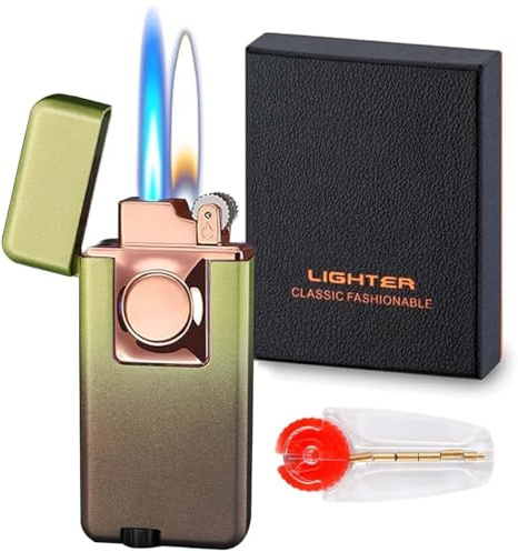 Winddichtes Flammenfeuerzeug Nachfüllbares Sturmfeuerzeug, Verstellbares Flammenfeuerzeug Männergeschenke für Kerzen, BBQ, Küche, Camping (Brennstoff Nicht enthalten) (Grün-schwarzer Farbverlauf)