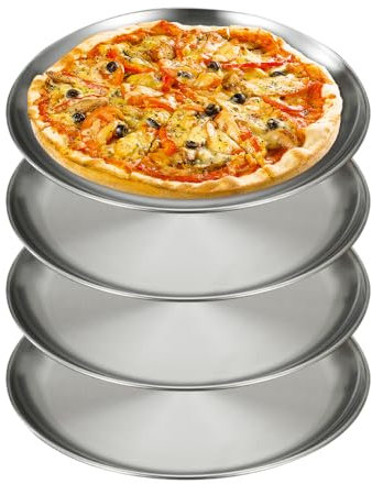 YZROHYI Set Di 4 Teglia Rotonda per Pizza Acciaio Inox 26 cm,Set Teglie da Forno Antiaderenti per Pizza,Vassoio Cucina Argento,Round Serving Tray,Teglias Stampo,Vassoio Porta Candele per Microonde
