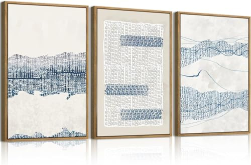 CHDITB 3 Stück Abstrakte Wadbild,Blau Große Leinwand Wandkunst,Linien Blau Beige Bild mit Rahmen,Moderne Wohnzimmer Abstrakte Wanddeko,Neutral Moderne Poster Schlafzimmer Büro Badezimmer,30x40cm