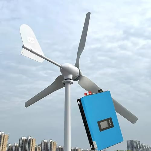 KX-ENERGIE 1000W 3Phasen Horizontaler Windkraftanlage 24V 48V Windturbine mit Grid Wechselrichter Netzkopplung Windräder Windgenerator für Heimgebrauch ins Einphasig 220VAC Öffentliches Stromnetz