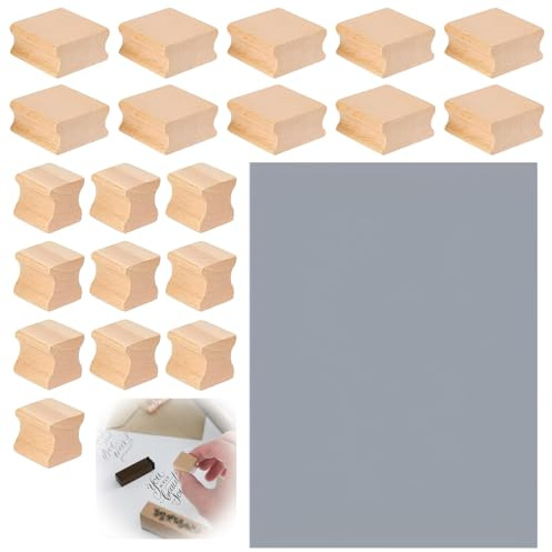 Pyuyan DIY-Stempel, 20 PCS Blanko-Stempelhalter aus Hartholz für Lasergravur, mit Grauem Stempelbogen Aus Gummi, 2cm /4cm
