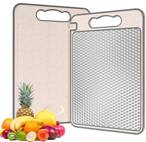 iAnomla Tabla Cortar Cocina de Doble Cara, Tabla Cortar Acero Inoxidable Para Cocina, Paja De Trigo, Resistente A ArañAzos, Apta Para Carne Y Verduras, Apta Para Lavavajillas (37 X 25 Cm)