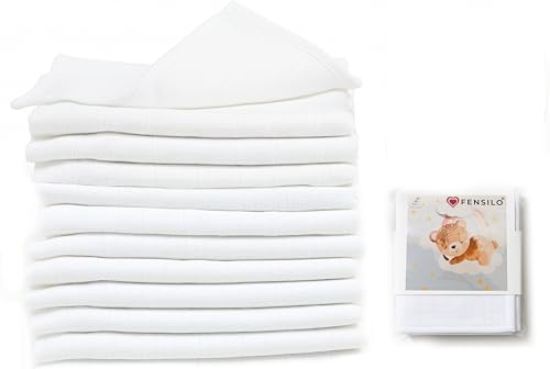 FENSILO Muslindukar, dregellappar, 10-pack, 60 x 60 cm, babytygblöjor för pojkar och flickor, vita