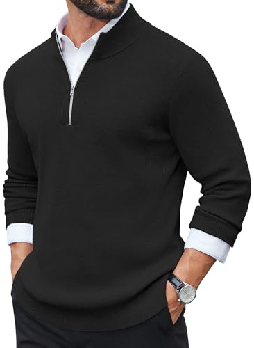 COOFANDY Jersey Hombre de Tejido Fino Cuello Alto Media Cremallera Manga Larga Suéter para Invierno Jersey de Trabajo Negro XXL