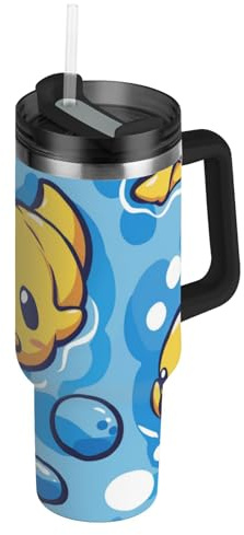 Amooorous Botella de agua de boca ancha con diseño de pato de burbujas amarillas con tapa y pajita, taza decorativa de oficina para el hogar, la oficina o el coche, termos para café con pitillo, 40