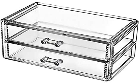 Caja de almacenamiento de maquillaje de acrílico transparente con 2 cajones, organizador de cosméticos y organizador de cosméticos transparente, organizador de maquillaje y soporte de almacenamiento
