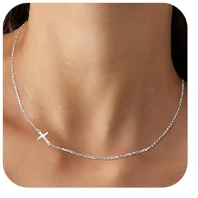 AllenCOCO Sideways Cross Necklace for Women, Sterling Silver Dainty Small Cross Choker Simple Trendy Cute Cross Chain Easter Baptism Religious Faith Jewelry Gift