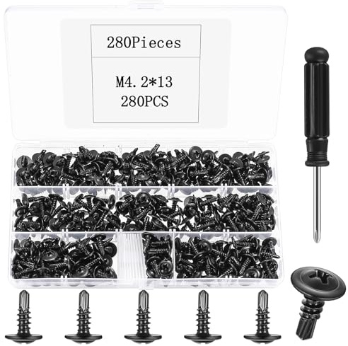 280 Pcs Tornillos Autorroscantes para Metal, M4,2 x 13 mmTornillos Roscachapas, Tornillos de Cabeza Plana Cruciforme con Arandelas, Tornillo de Cabeza Alomada para Metal, Madera y Plástico, Negros