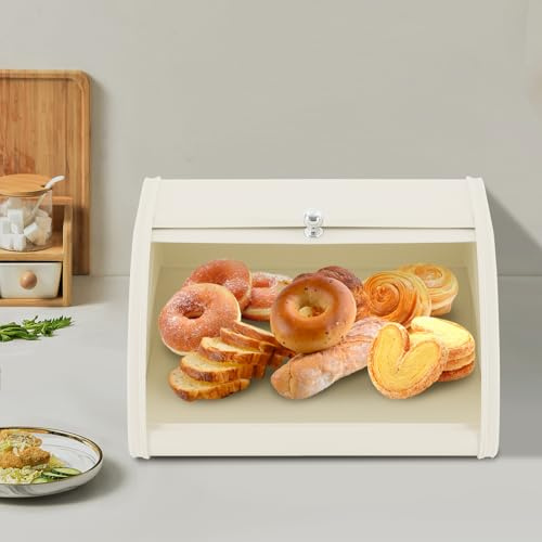 Wiyuer Recipiente de almacenamiento con tapa deslizante de metal para pan, panera de acero al carbono con gran capacidad para pan, pasteles y alimentos, 30 x 26 x 17 cm, color blanco