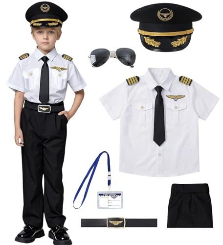 Moerstar Pilot Kostüm Kinder, Piloten Kostüm Set mit Pilotenmütze Brille Pilotenschein Krawatte Abzeichen Gürtel, Faschingskostüme Kinder Jungen für Karneval Halloween Cosplay (120)