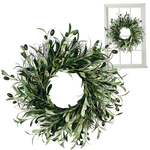 Couronne de Branches d'olivier, Couronne de Verdure Artificielle 20 Pouces pour Toutes Les Saisons, Porte d'entrée, Olive avec Feuilles et Baies réalistes