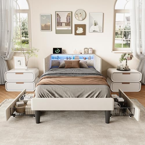 Letto imbottito per divano letto, 90 x 200 cm, letto con LED e USB, letto singolo con 2 cassetti, letto per ragazzi multifunzione, in velluto, senza materasso (beige B, 90 x 200 cm)