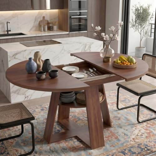 GAWYOEX Esstisch ausziehbar/Runder Tisch 100/140 × 100 × 75 cm, Küchentisch für 4–6 Personen, Esszimmertisch Holz mit offenem Regal, Ausziehtisch für Esszimmer, Küche, Wohnzimmer, braun