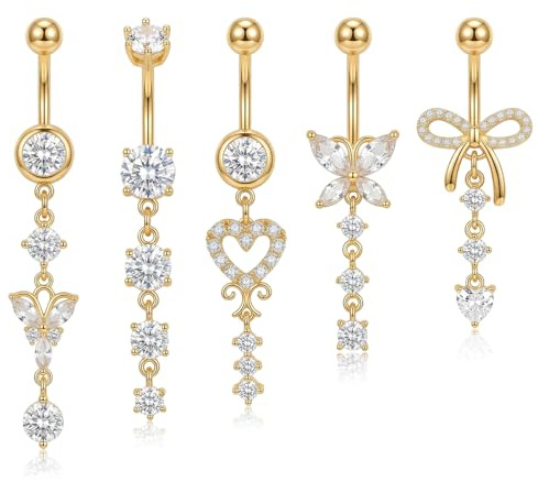 Dermalyx Set Da 5 Pezzi Di Piercing Ombelicale, Stile Lungo, In Acciaio Inossidabile Placcato Oro, Anello Per Ombelico Con Cristalli A Forma Di Cuore E Fiocco, Gioielli P
