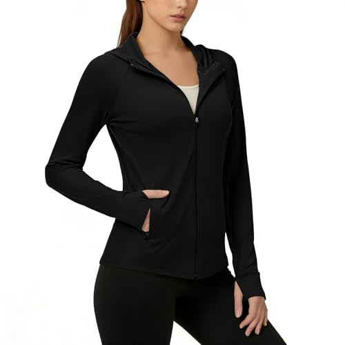Générique Femme UPF 50+ Protection Solaire à capuche Veste l'été Manches Longues Zippé Blouson Légère Séchage Rapide Manteau Uni Basique Outwear
