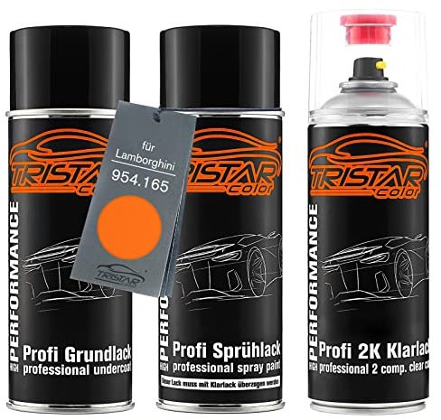 TRISTARcolor Autolack 2K Spraydosen Set für Lamborghini 954.165 Orange Perl Grundlack Basislack 2 Komponenten Klarlack Sprühdose