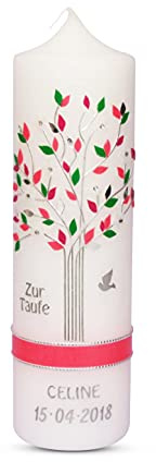 Taufkerze Kommunionkerze Lebensbaum 4 Rosa Grün Mädchen Junge mit Name und Datum 25x7cm Taufe Kerze