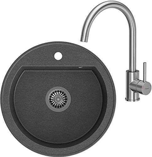 VBChome - Fregadero de granito, 50 cm, empotrable, reversible, con válvula de vaciado, sifón, grifo de cocina, grifo monomando de mezcla de agua fría y caliente, Negro