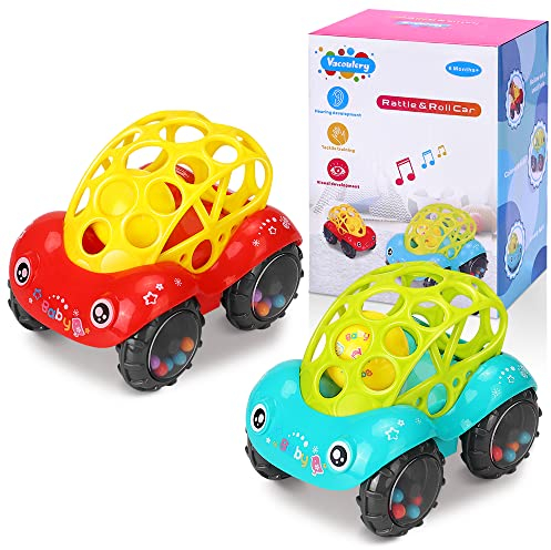 Spielzeugauto mit Rassel, 2 Stück Kinderspielzeug Baby Rasselspielzeug Geschenke für 6-12 Monate Spielzeugauto Flexibles und Leichtgreifbares Design für 1 2 3 Jährige Jungen Mädchen