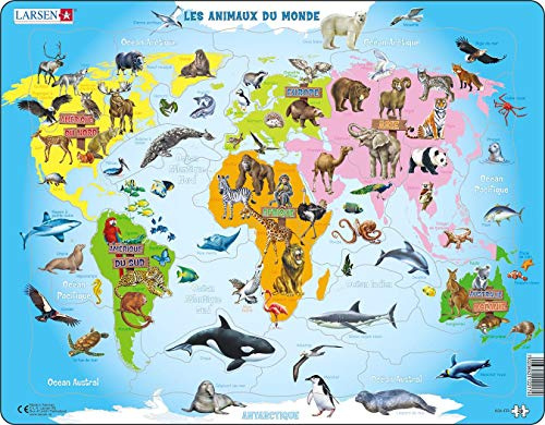 Larsen Puzzles A34 Tiere der Welt Lernpuzzle für Kinder, Französisch Ausgabe, 28-teiliges Rahmenpuzzle mit Tiermotiven, Lehrreiches Geografie- und Tierweltspiel
