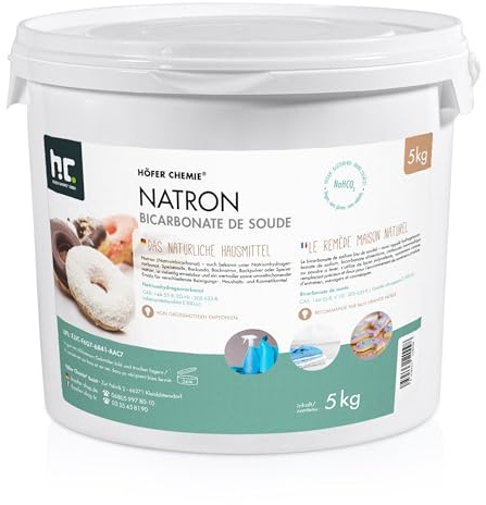 Höfer Chemie 5 kg de Bicarbonate de Sodium - Qualité Premium | Sodium) en Qualité Alimentaire - Utilisation Polyvalente pour Cuisine, Nettoyage, Beauté, et Plus - Désodorise Naturellement