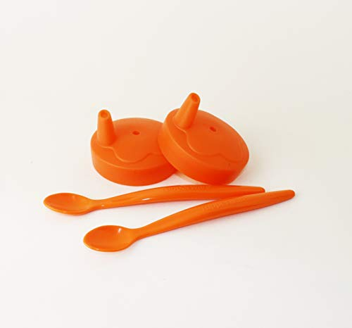 TUPPERWARE TupperCare Baby 2X Ersatzdeckel orange für Trinklerntasse + 2X Fütterlöffel Soft orange + Eiswürfeleinsatz für Eco Easy Flasche