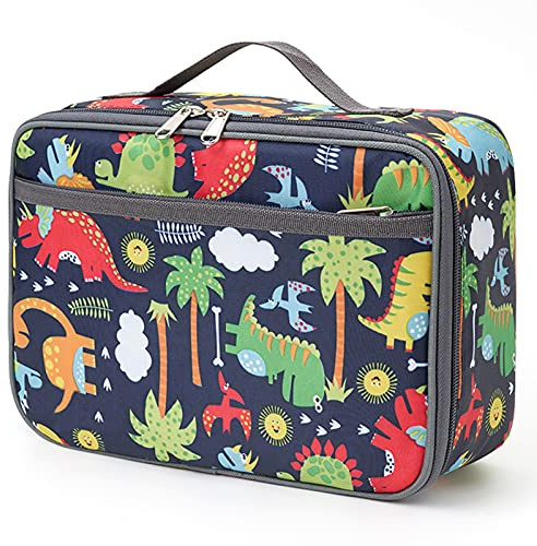 Pretty Jolly Mini Kids Lunch Box, Insulated Reusable Lunch Bag for Girls & Boys, Thermal Meal Container Tote with Waterproof Liner, Hot or Cold Snacks Lunchbox for School,Work,Picnic (Dinosaur-01)