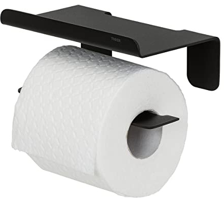 Tiger Colar Toilettenpapierhalter mit Ablage zum Kleben, Edelstahl, Schwarz pulverbeschichtet, mit integrierter Klebefolie zur Montage ohne Bohren 1314230746 16x7,6x10,3 cm